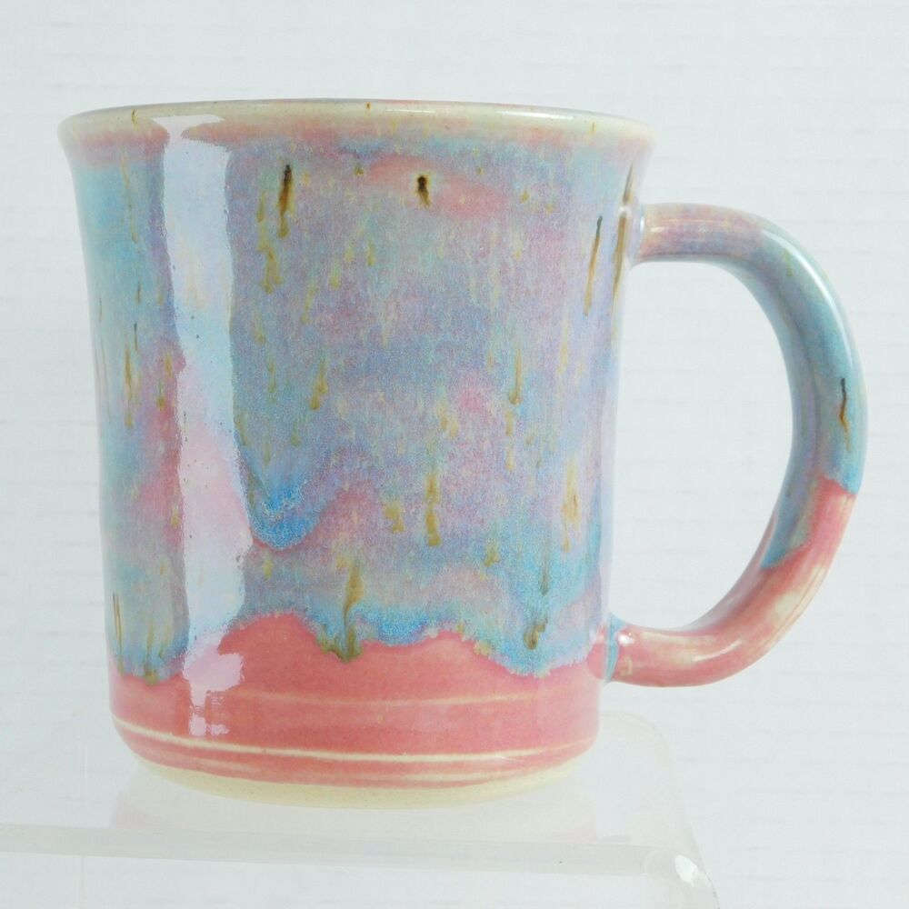JaM Studio Pottery Mug Cup Signed Pink Blue Handmade Coffee Tea Glazed Pretty